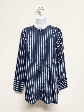 J Crew Womens Navy White Vertical Stripe Tuxedo Bib Button Up Shirt Size S